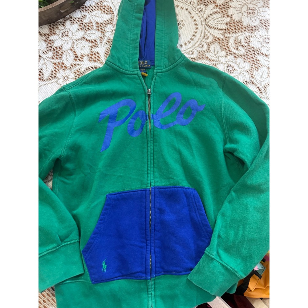 Polo Ralph Lauren Kids Green Colorblock Full Zip Hoodie Sweatshirt Size L 14-16